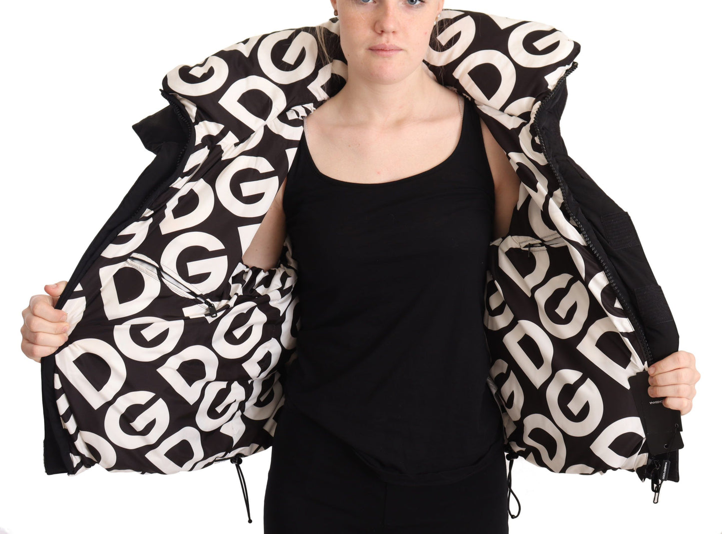 Luxurious Black Puffer Jacket with Logo Ribbons