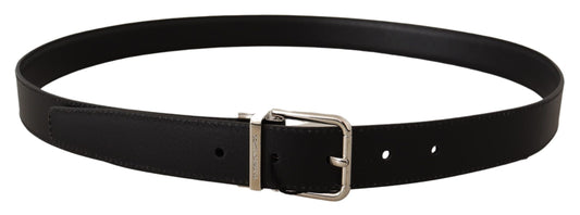 Elegant Black Leather Belt with Silver Buckle