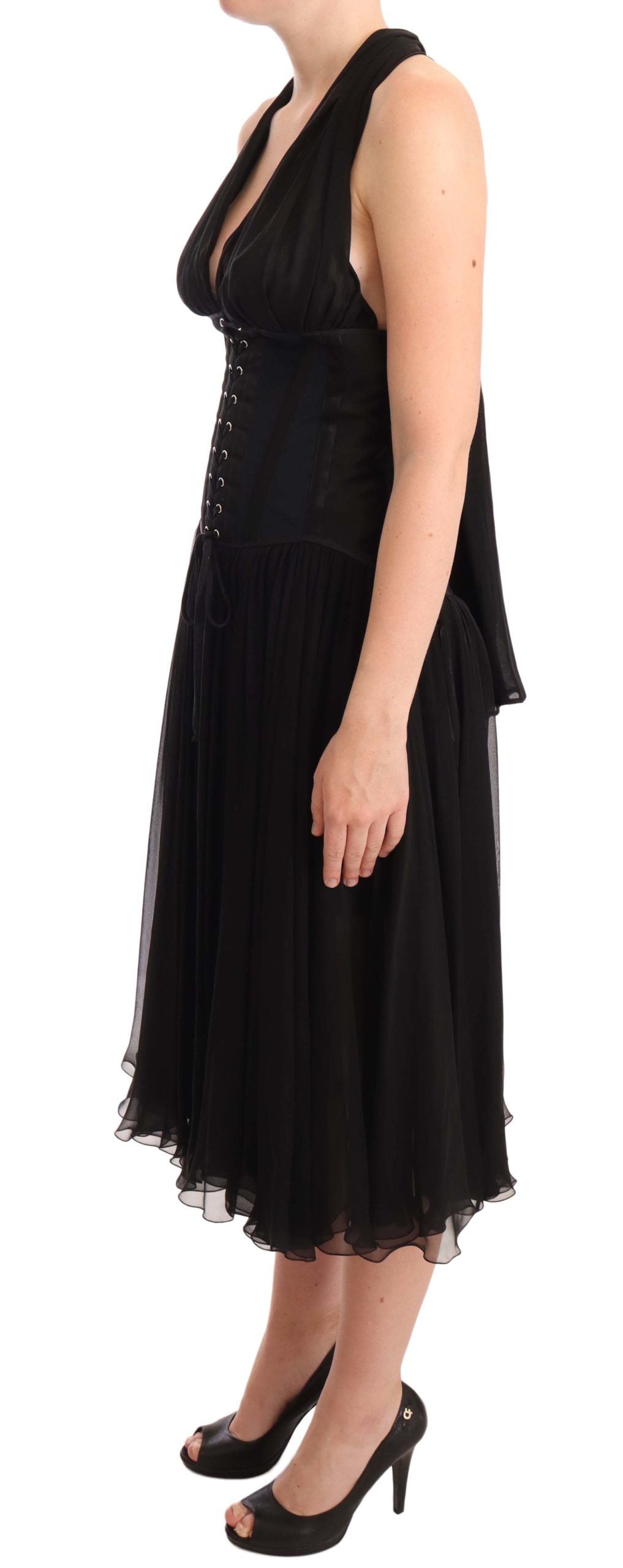 Elegant Black Halter Midi Silk Dress