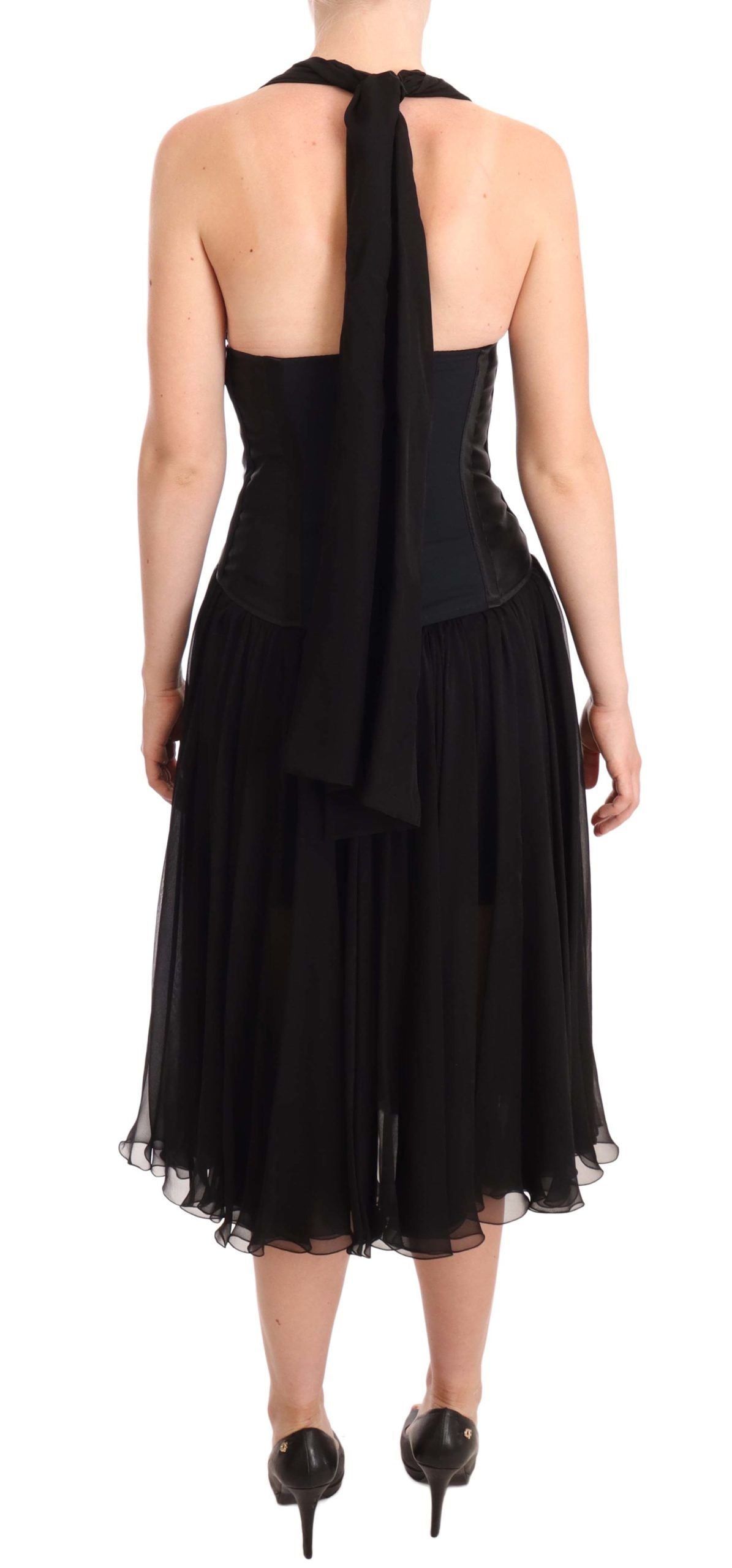 Elegant Black Halter Midi Silk Dress