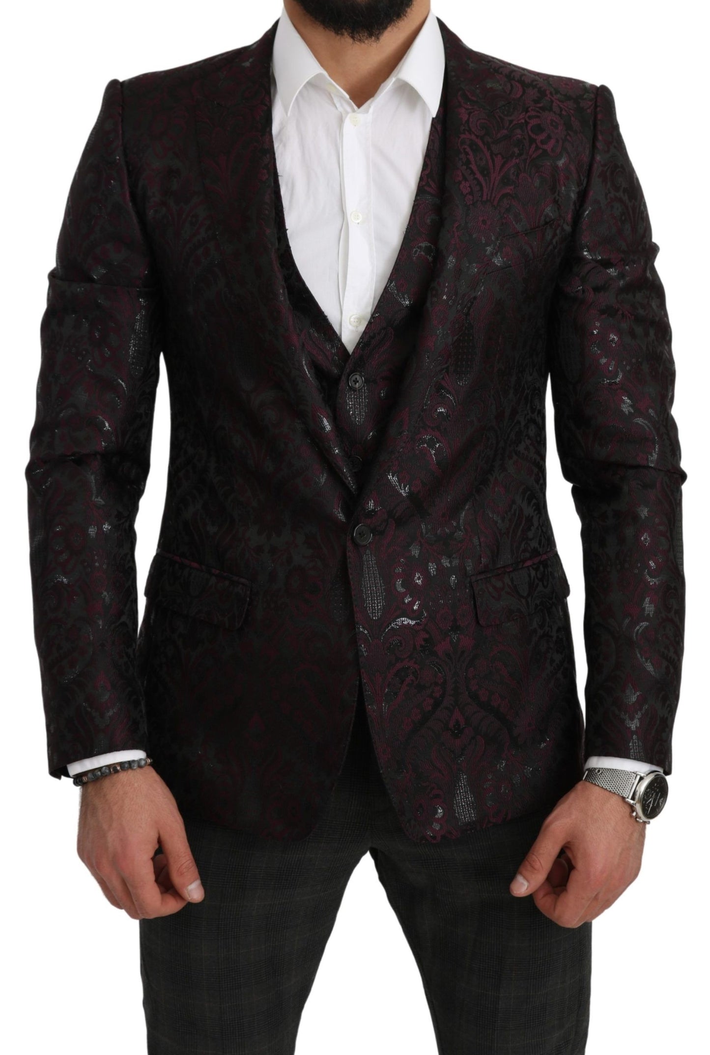 Black Bordeaux Floral Jacquard Blazer & Vest Set