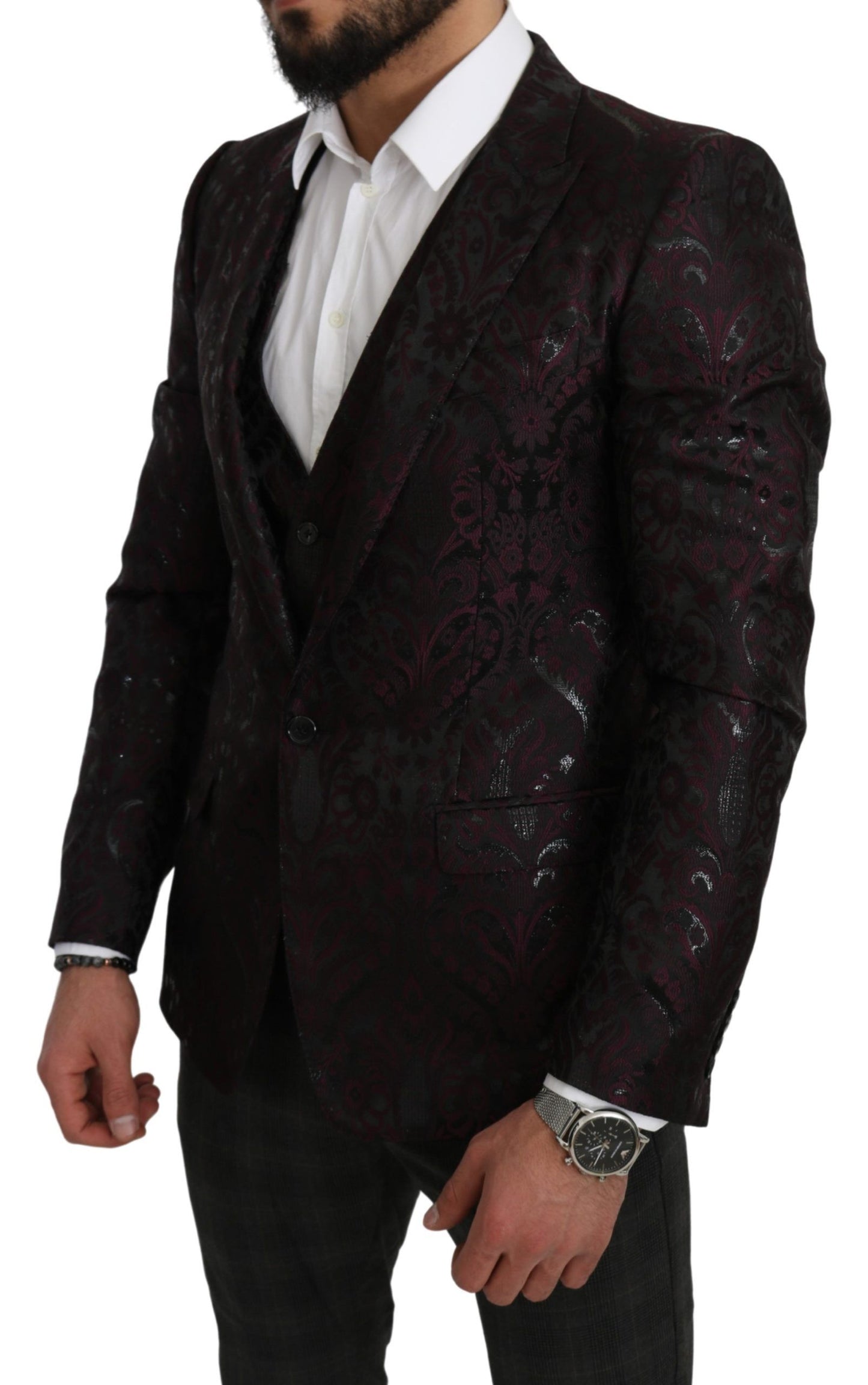 Black Bordeaux Floral Jacquard Blazer & Vest Set