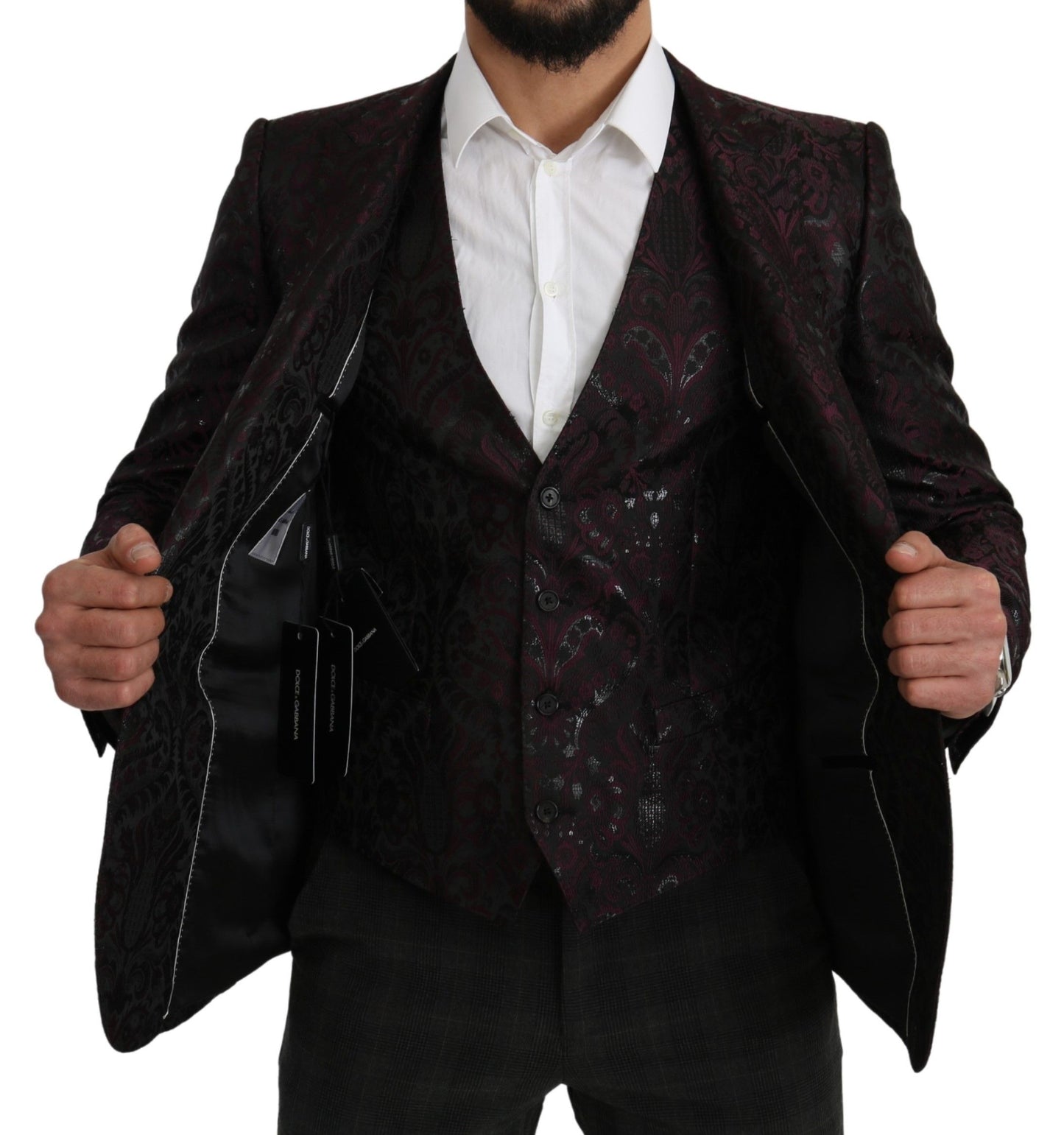 Black Bordeaux Floral Jacquard Blazer & Vest Set