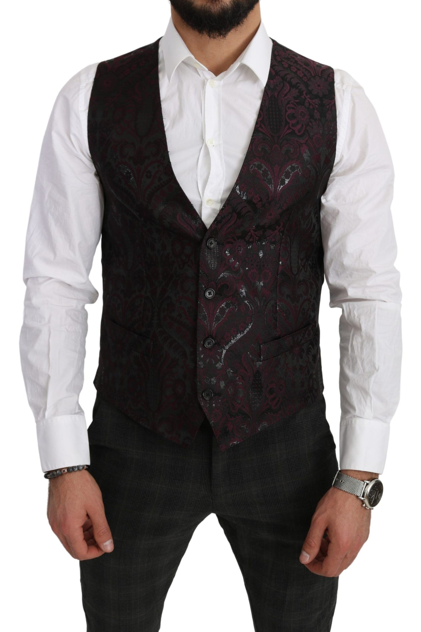 Black Bordeaux Floral Jacquard Blazer & Vest Set