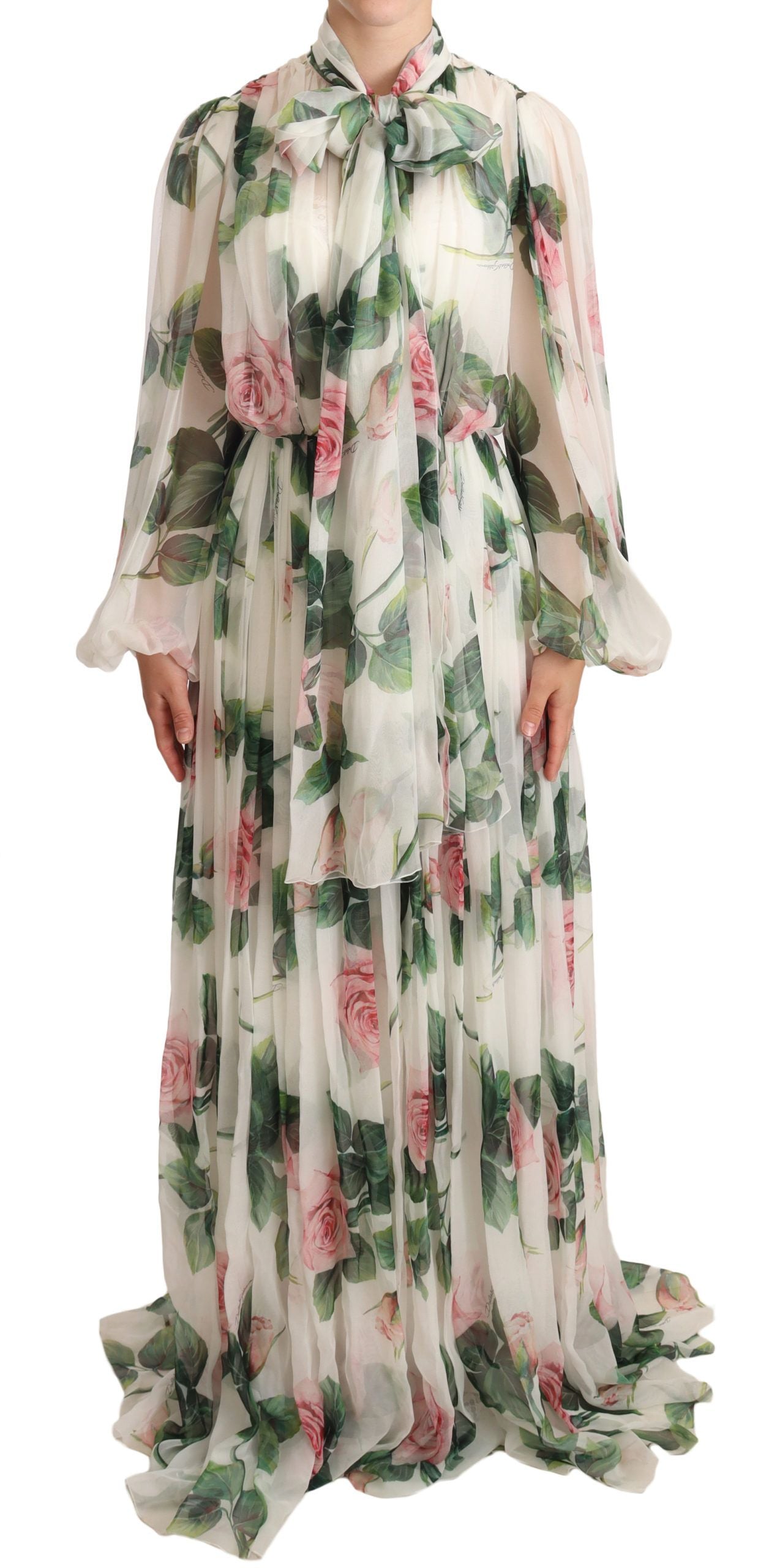 Elegant White Silk Maxi Dress with Pink Rose Print