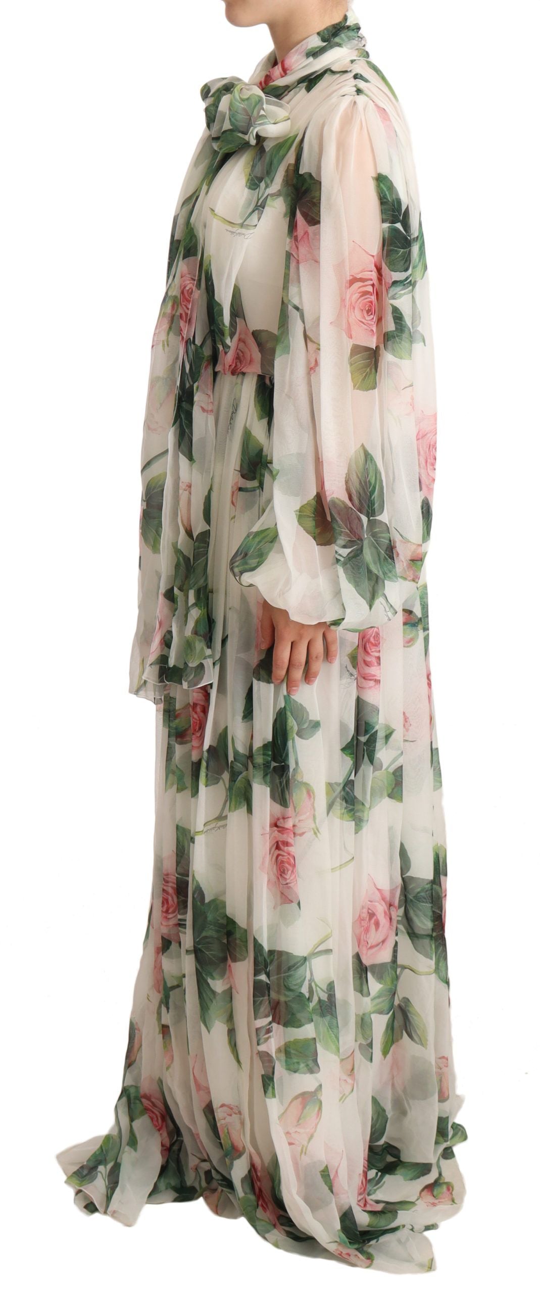 Elegant White Silk Maxi Dress with Pink Rose Print