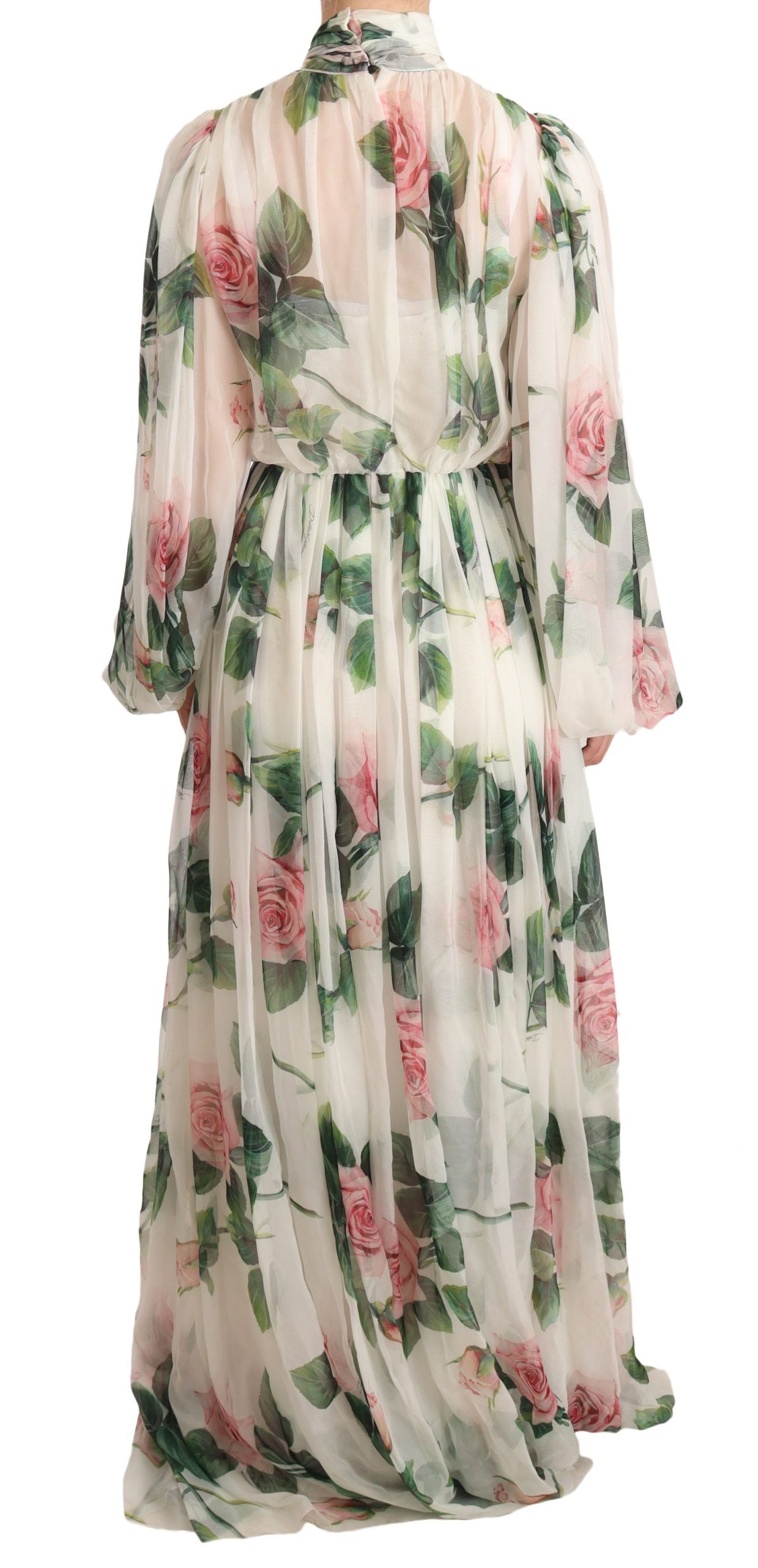 Elegant White Silk Maxi Dress with Pink Rose Print