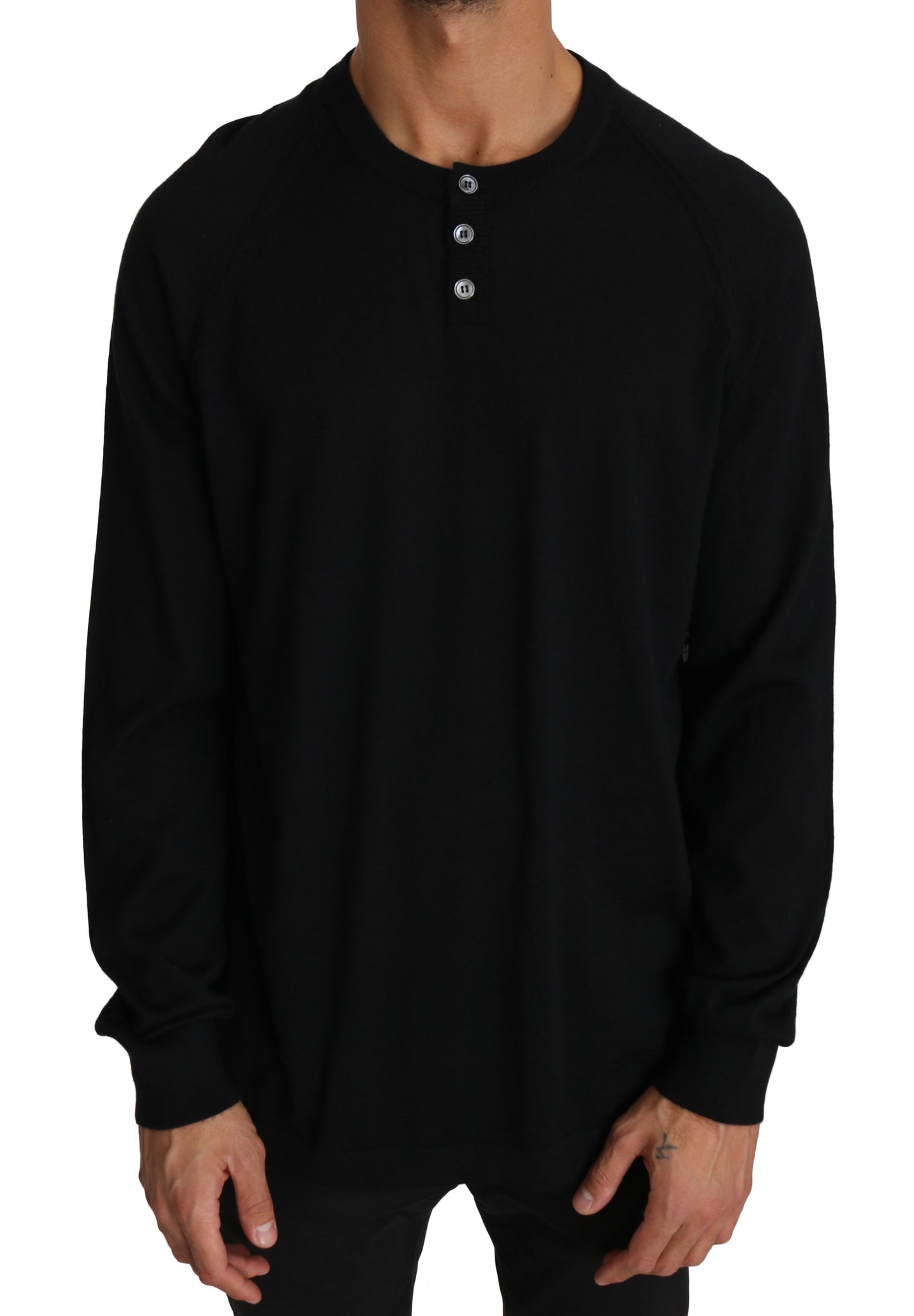 Elegant Black Henley Sweater with Music Print