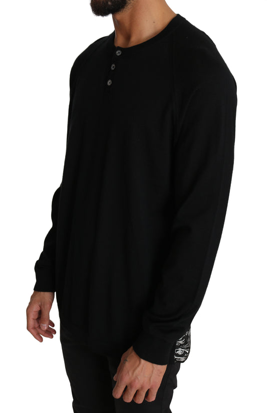 Elegant Black Henley Sweater with Music Print