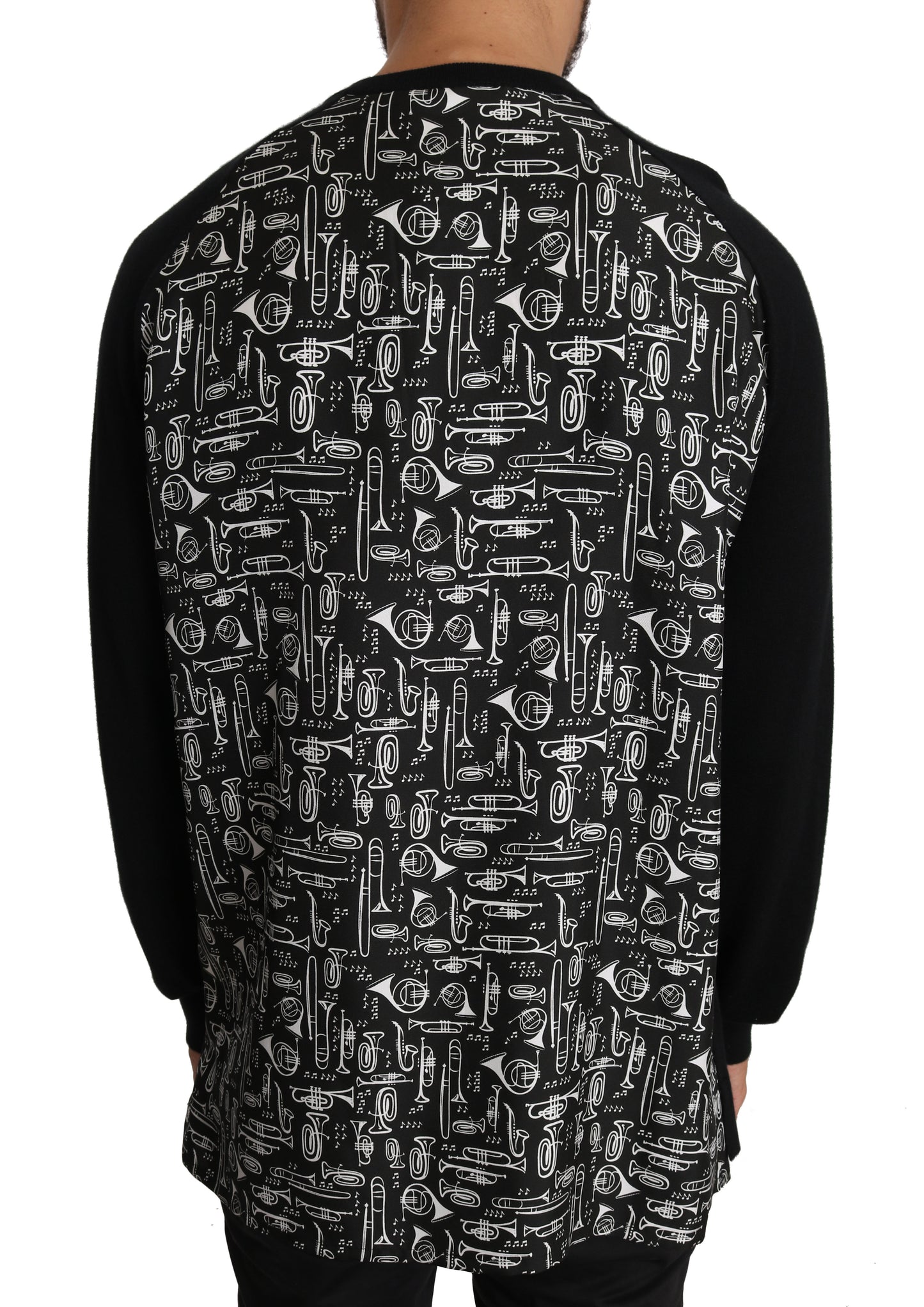 Elegant Black Henley Sweater with Music Print