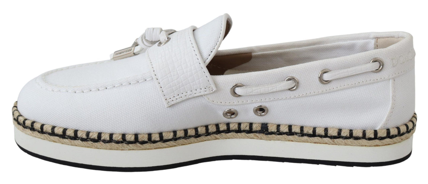 Elegant White Canvas Leather Loafers