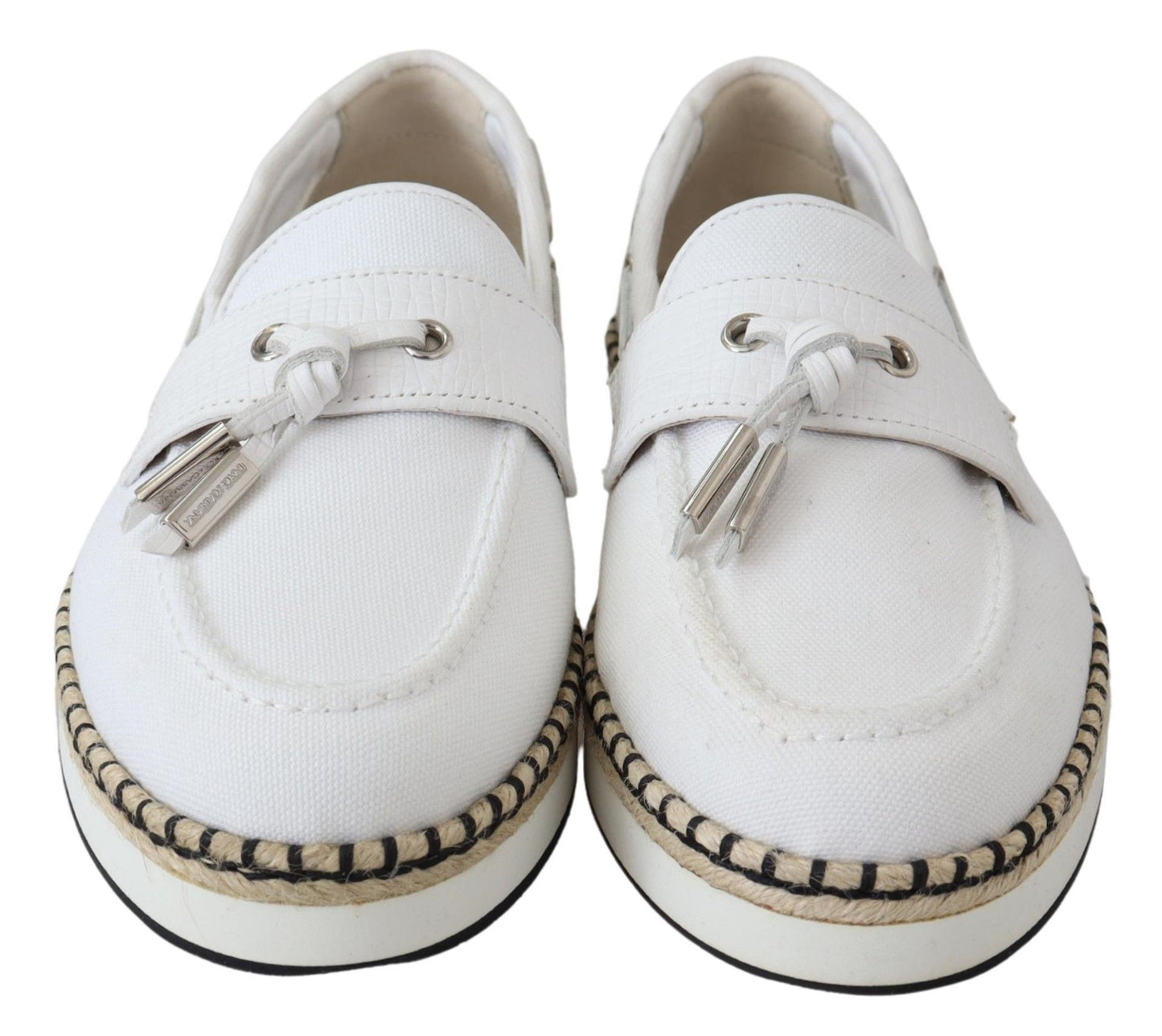 Elegant White Canvas Leather Loafers