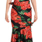 Black Shiny Silk Floral Print Draped Dress