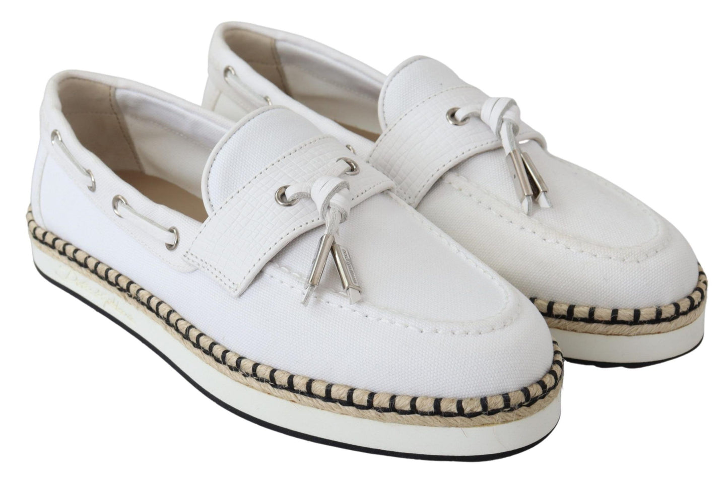 Elegant White Canvas Leather Loafers