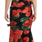 Black Shiny Silk Floral Print Draped Dress