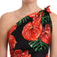 Black Shiny Silk Floral Print Draped Dress