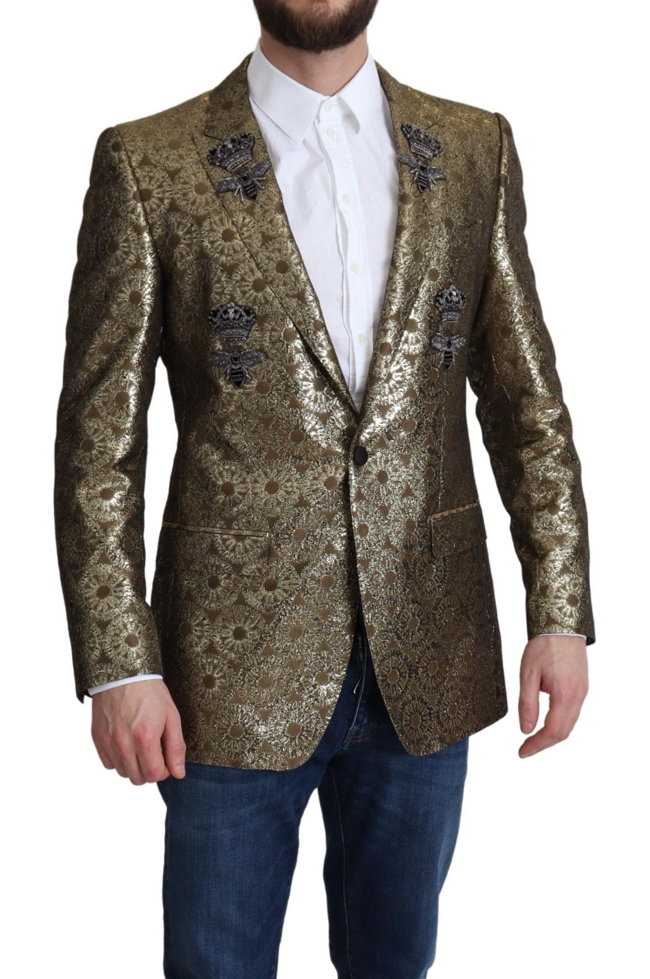 Elegant Gold Jacquard Martini Blazer Jacket