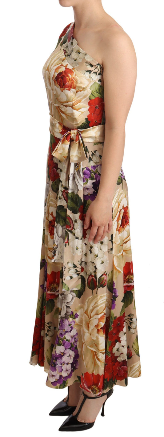 Beige One Shoulder Floral Mid Length Dress