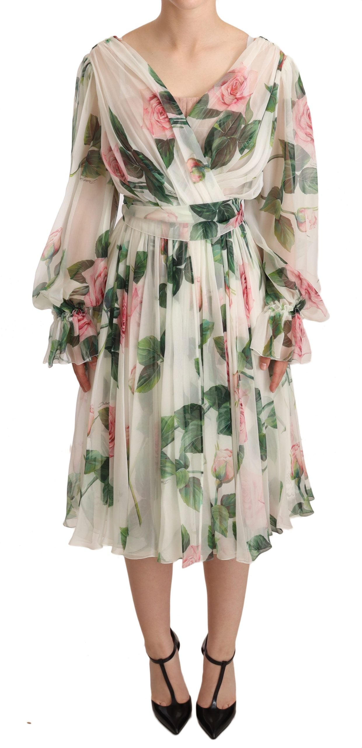 Elegant White Floral Silk Midi Dress