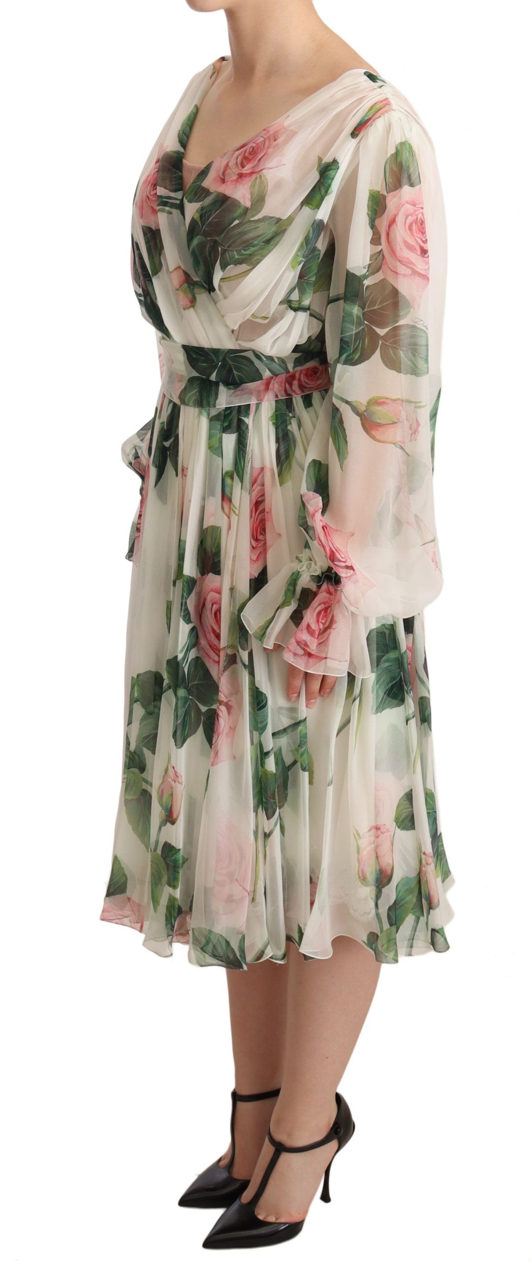 Elegant White Floral Silk Midi Dress