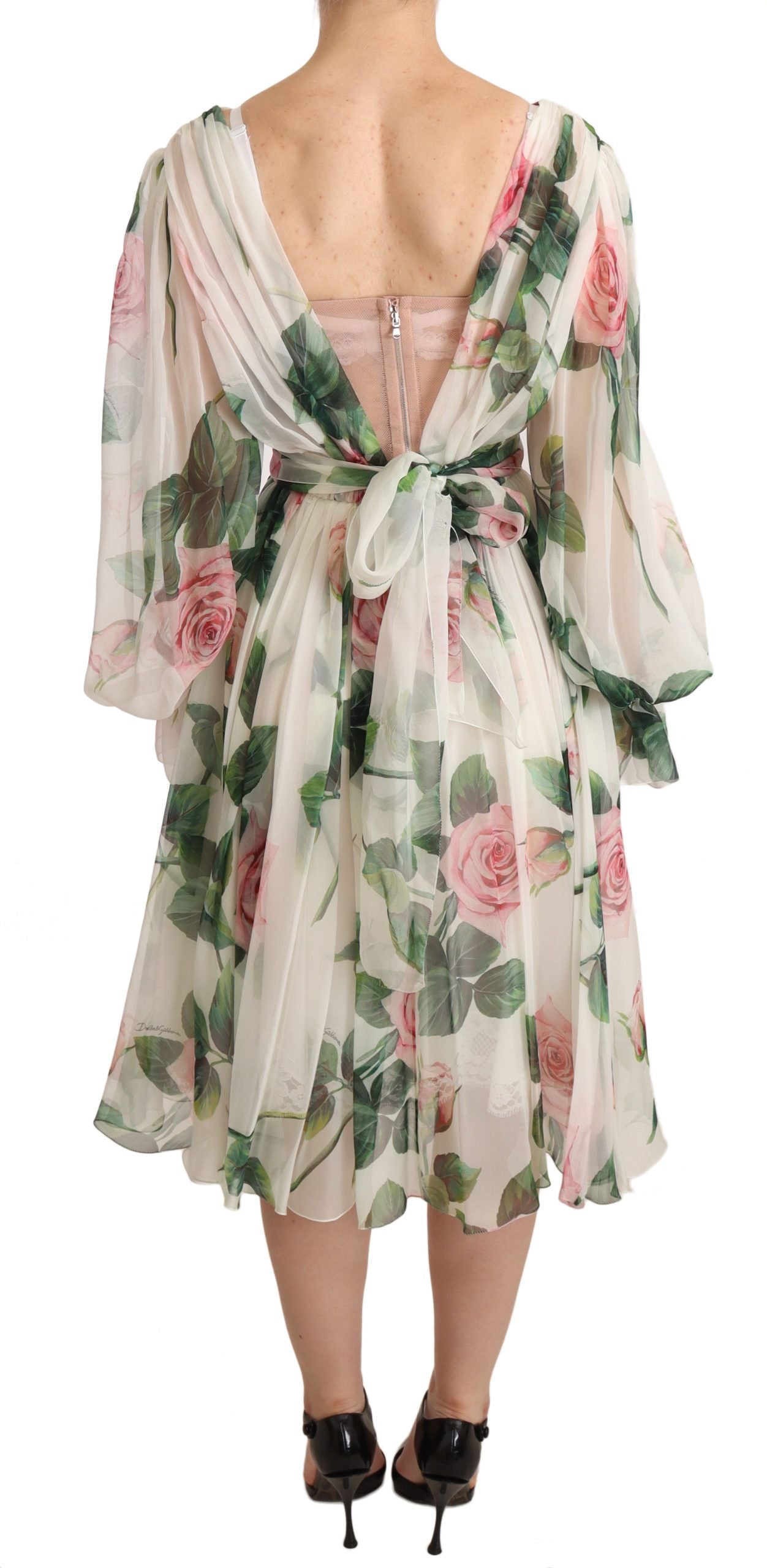 Elegant White Floral Silk Midi Dress