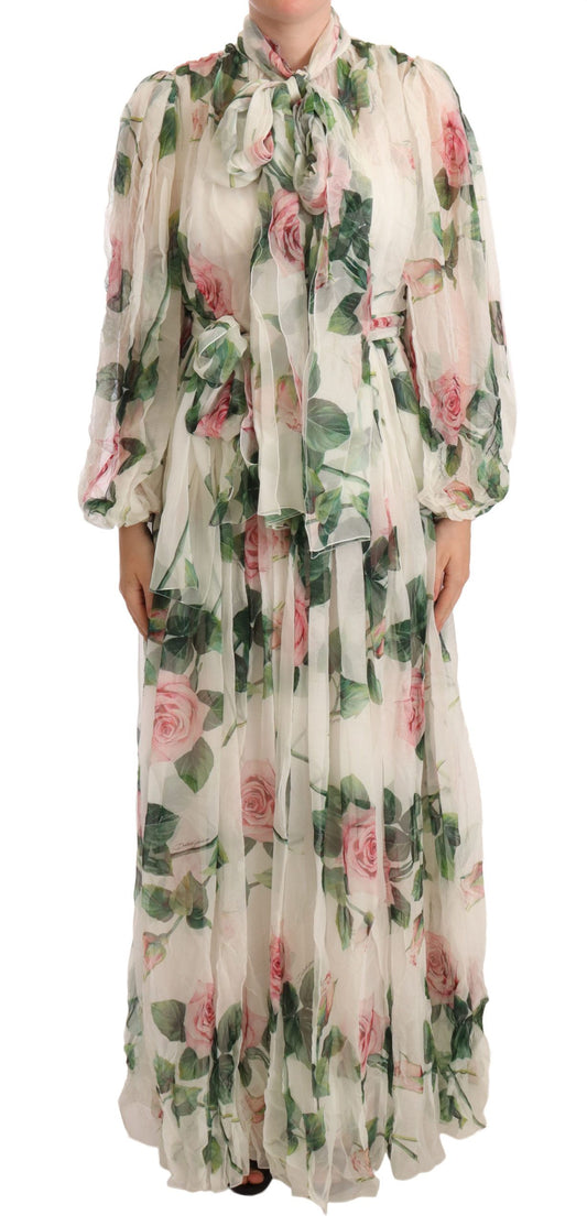 Elegant White Silk Maxi Dress with Rose Print