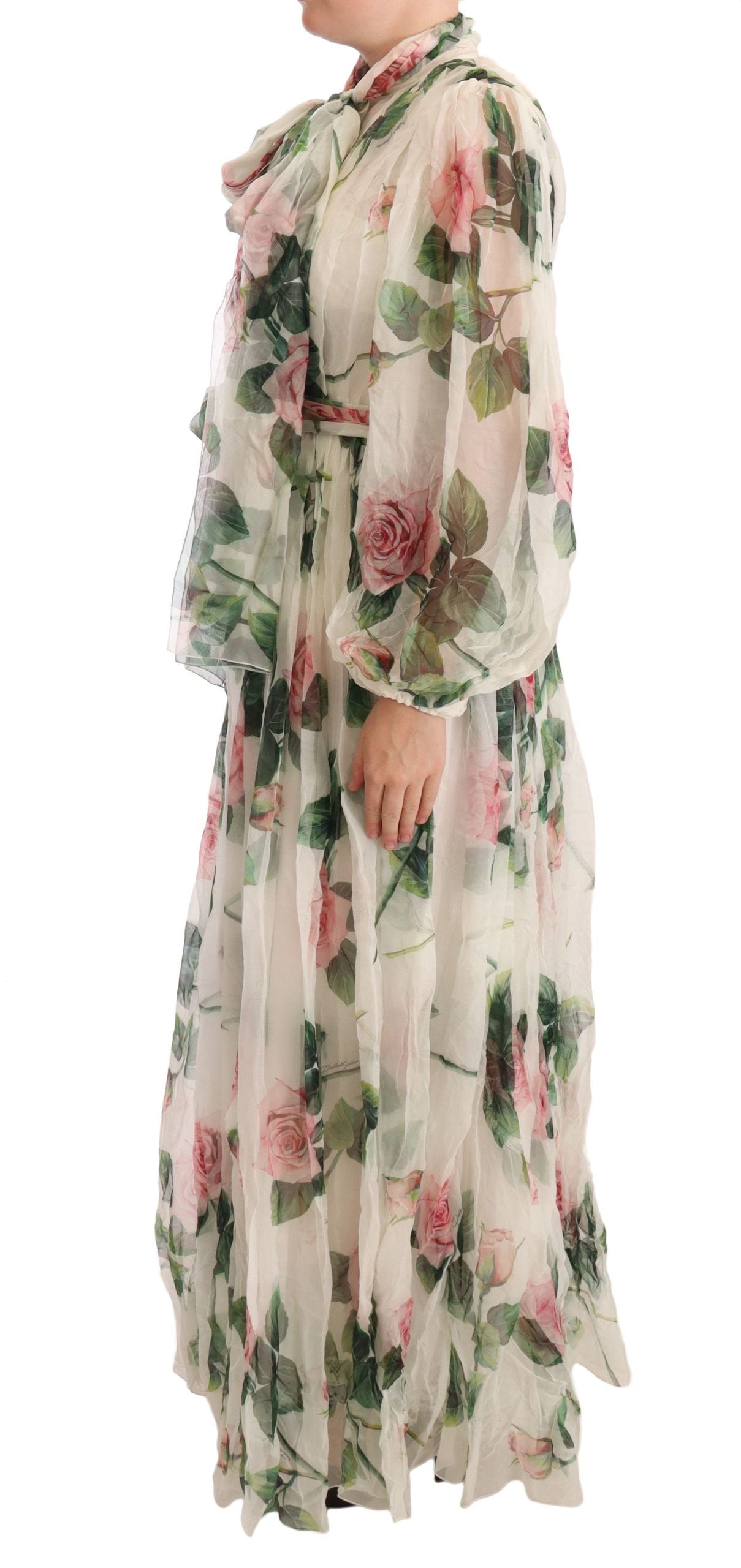 Elegant White Silk Maxi Dress with Rose Print