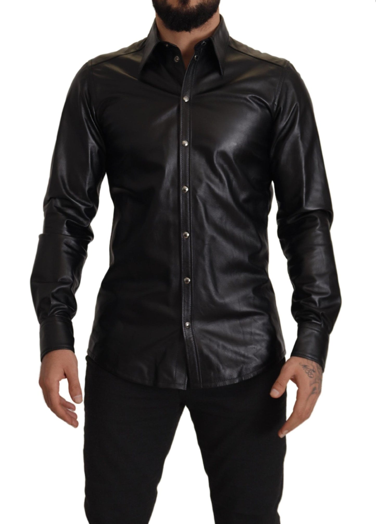 Elegant Leather Button-Down Slim Fit Shirt