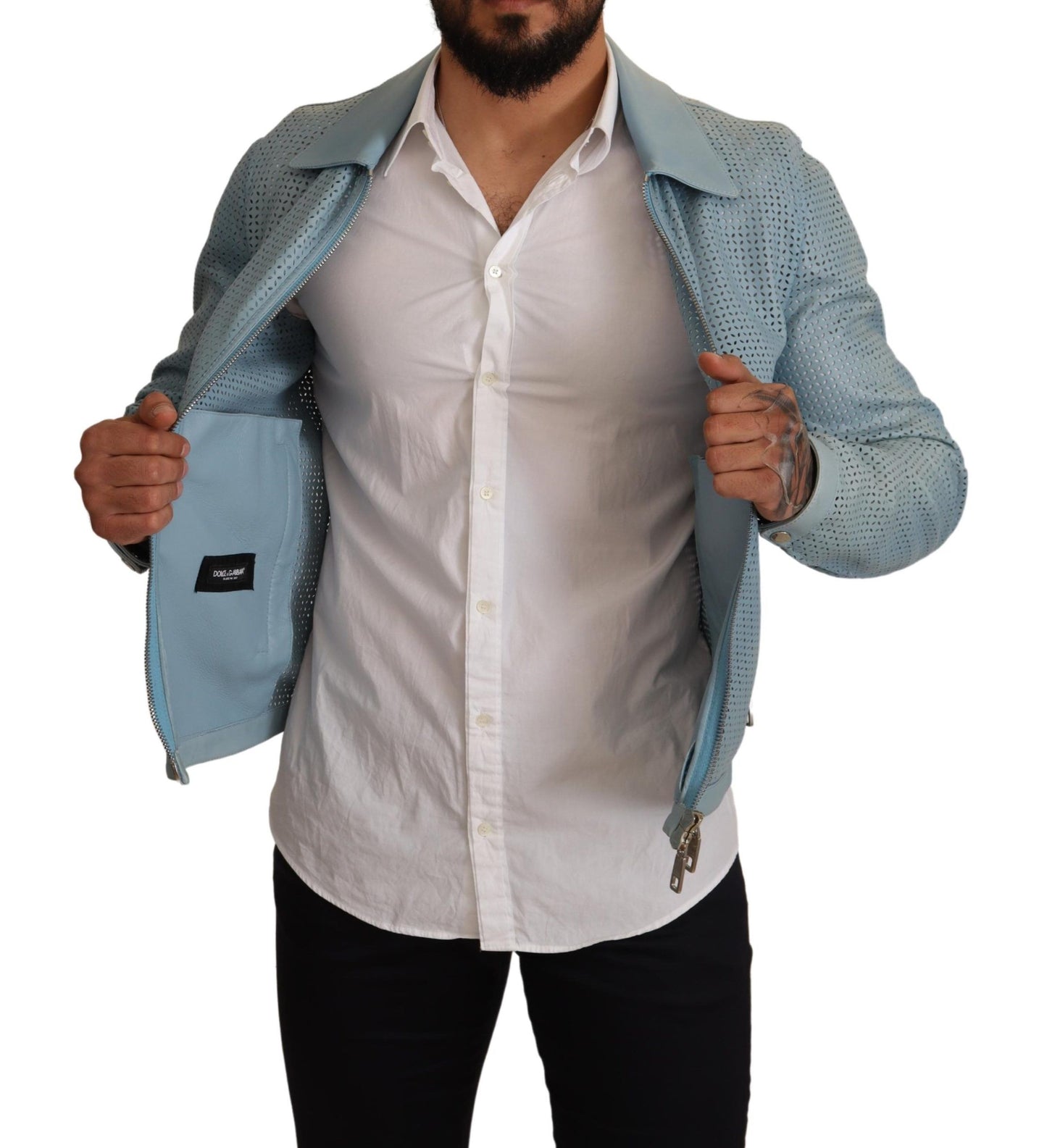 Elegant Light Blue Leather Bomber Jacket