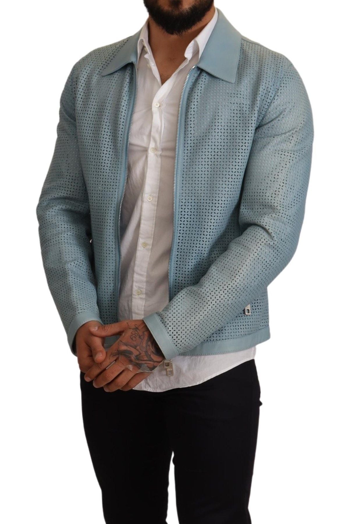 Elegant Light Blue Leather Bomber Jacket