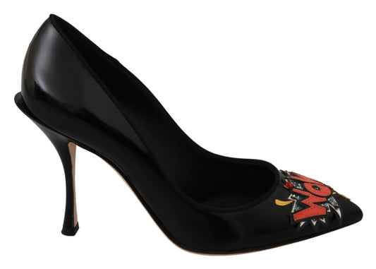 Elegant Embroidered Black Leather Pumps