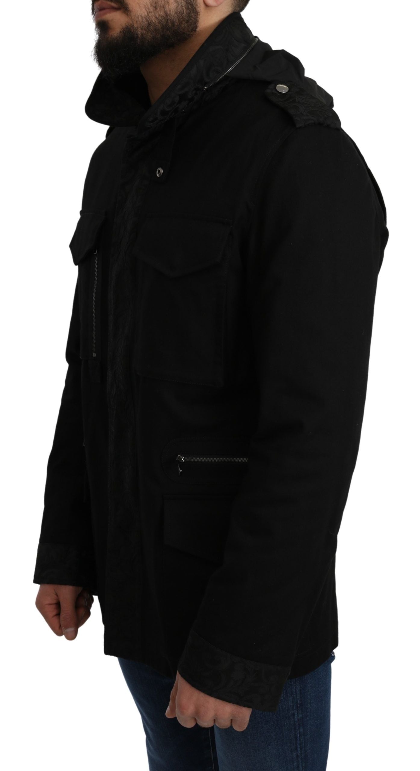 Elegant Black Jacquard Zip Jacket