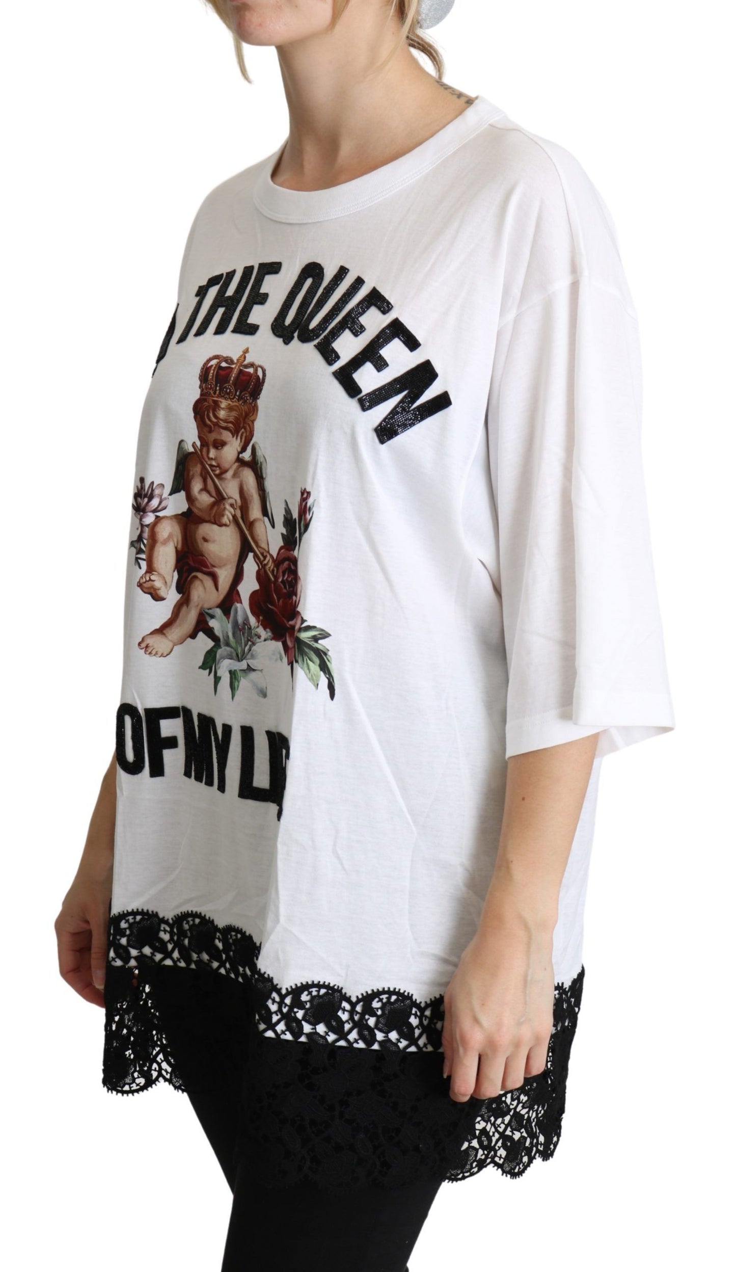 White Angel Print Cotton Round Neck Shirt Tops