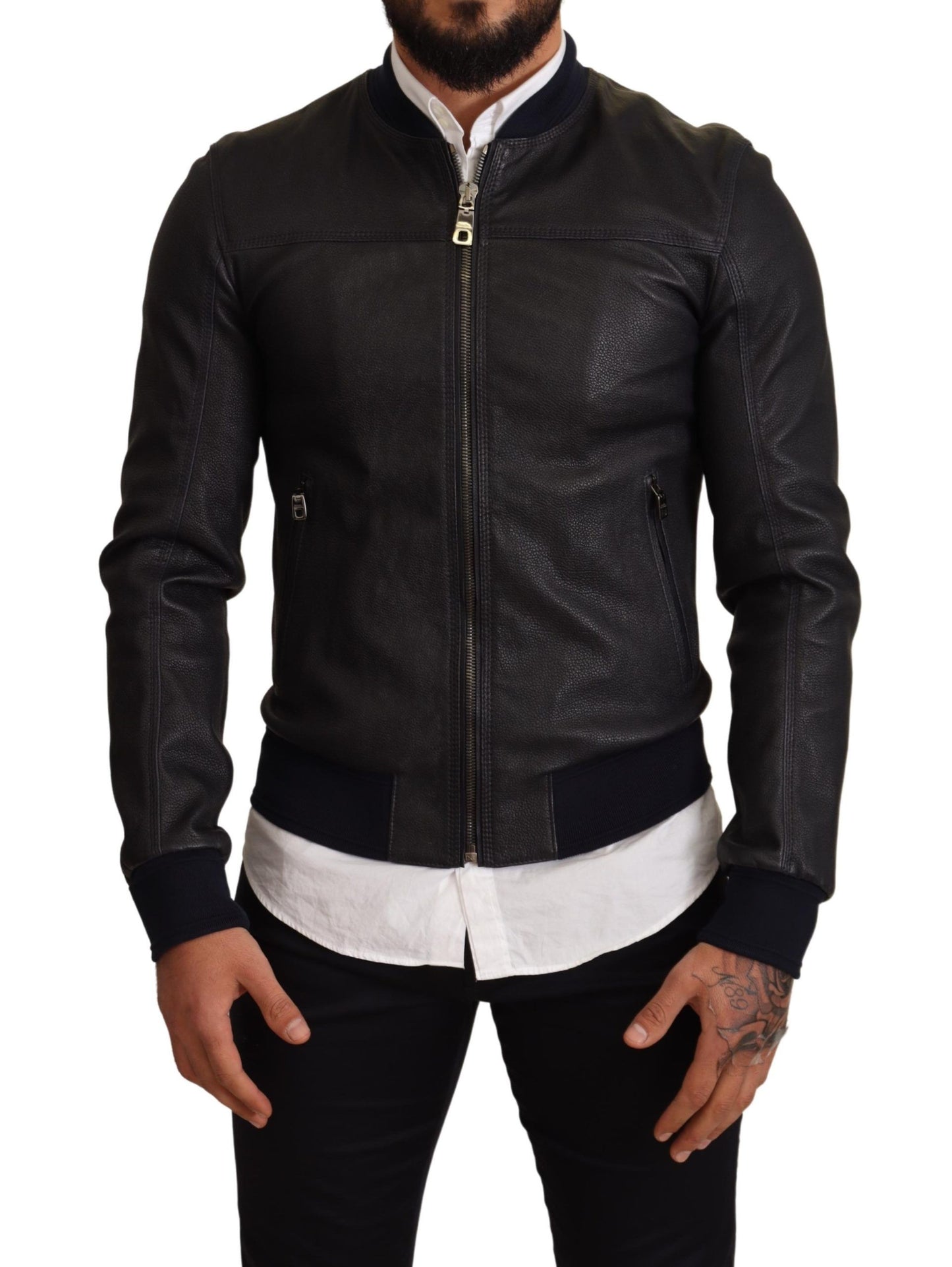 Blue Leather Full Zip Bomber Men Jacket