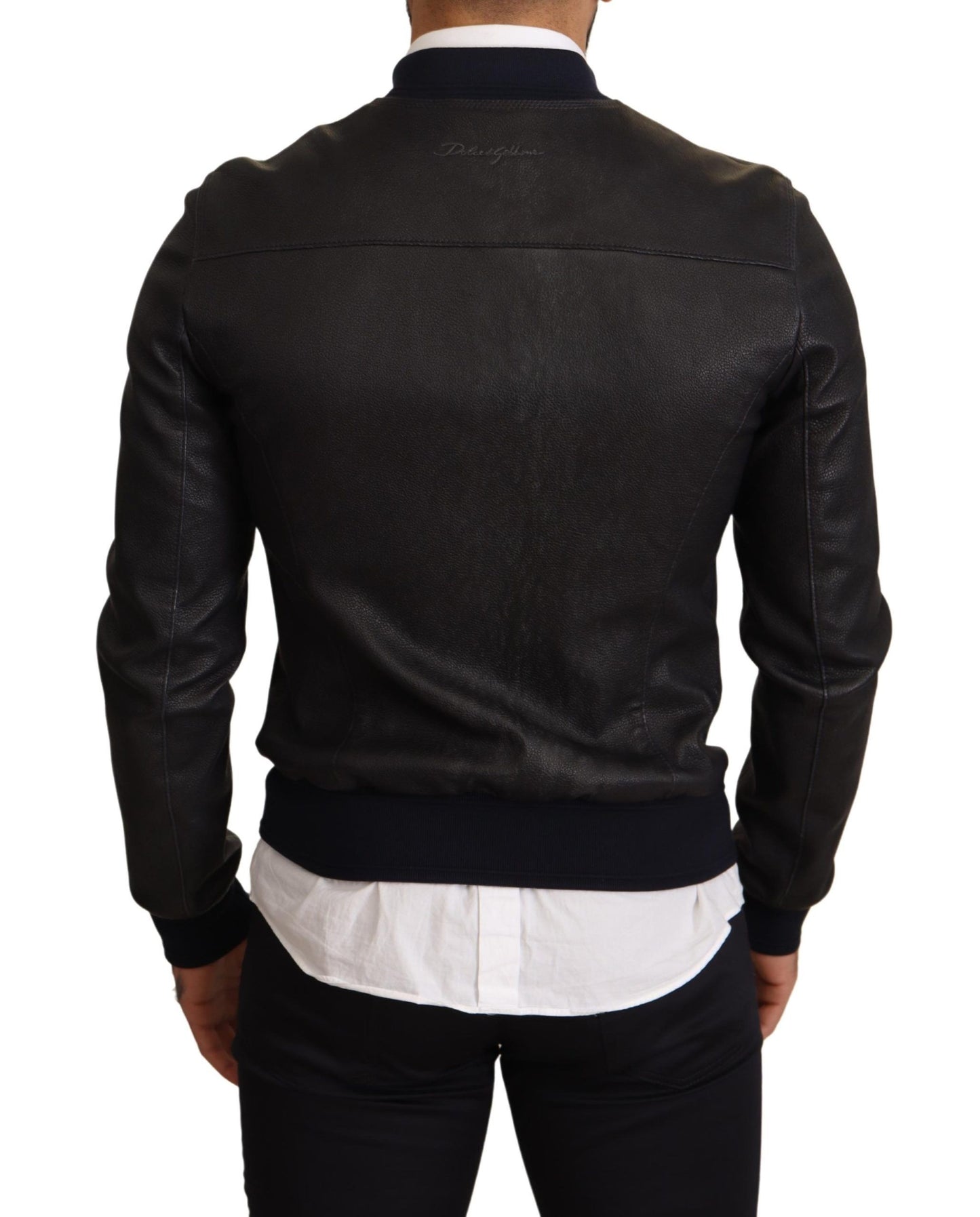 Blue Leather Full Zip Bomber Men Jacket