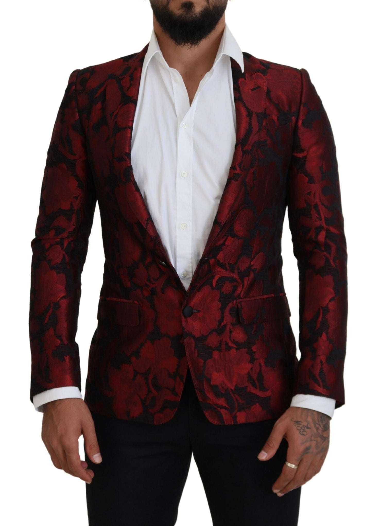 Elegant Red Floral Jacquard Blazer