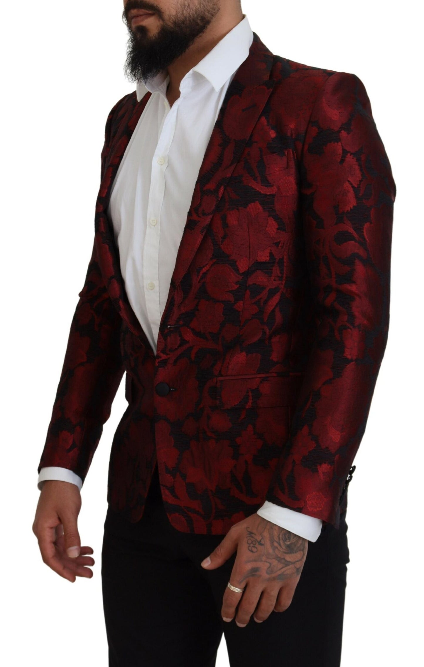 Elegant Red Floral Jacquard Blazer