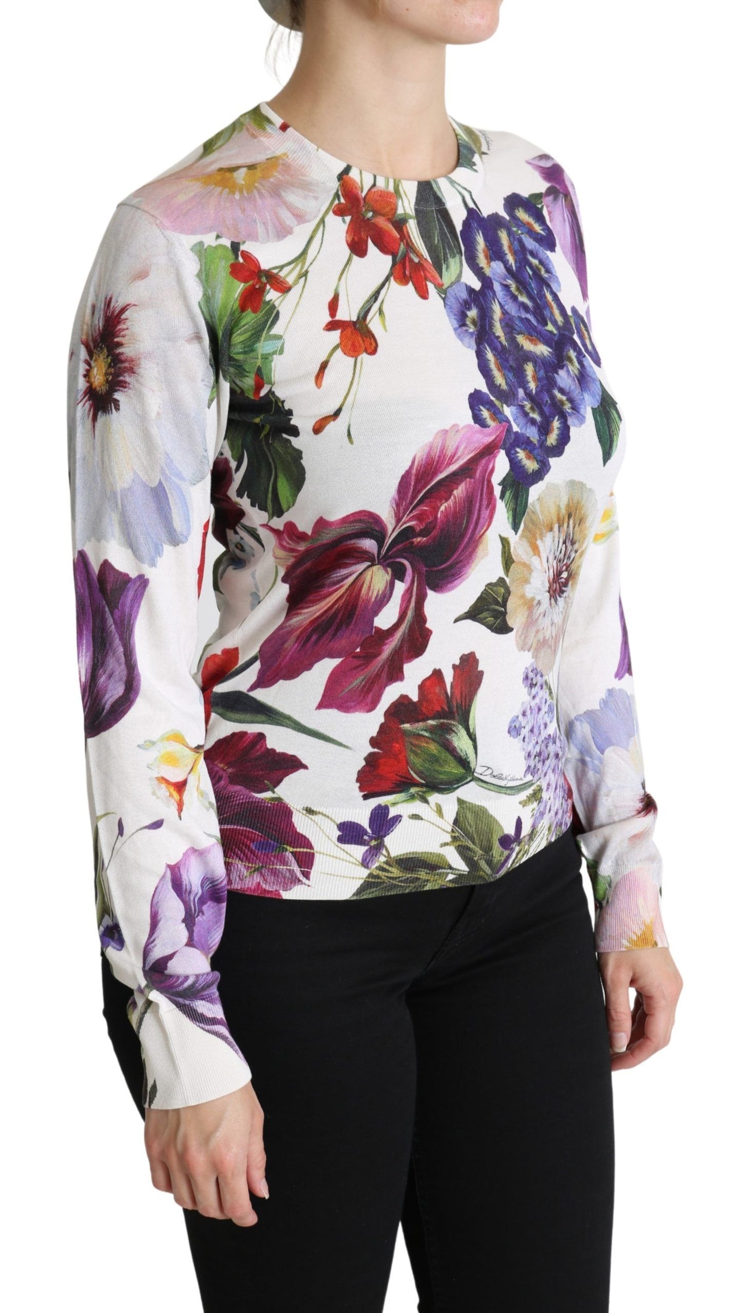 Floral Silk Crew Neck Long Sleeve Sweater