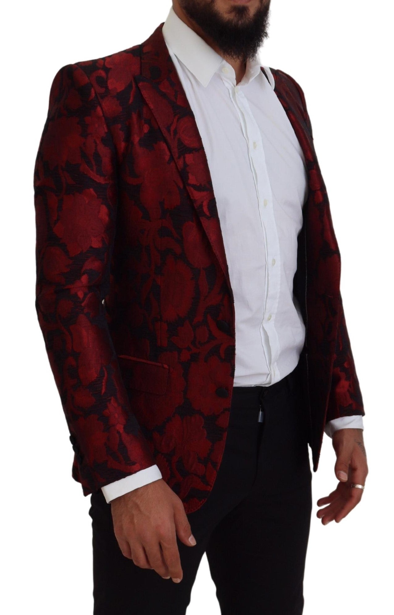 Elegant Red Floral Jacquard Blazer