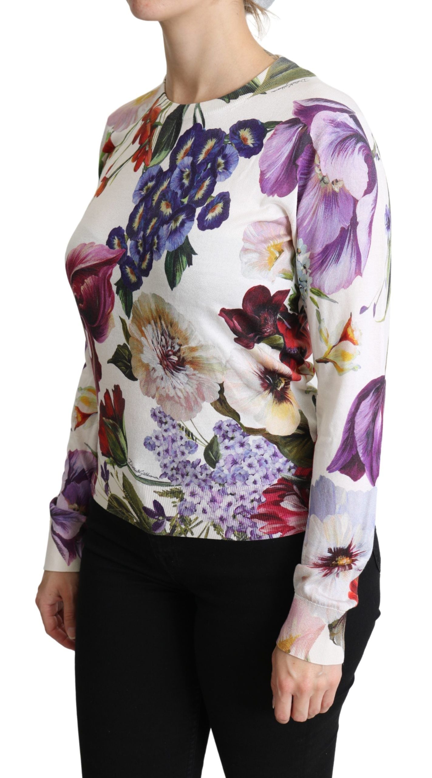 Floral Silk Crew Neck Long Sleeve Sweater