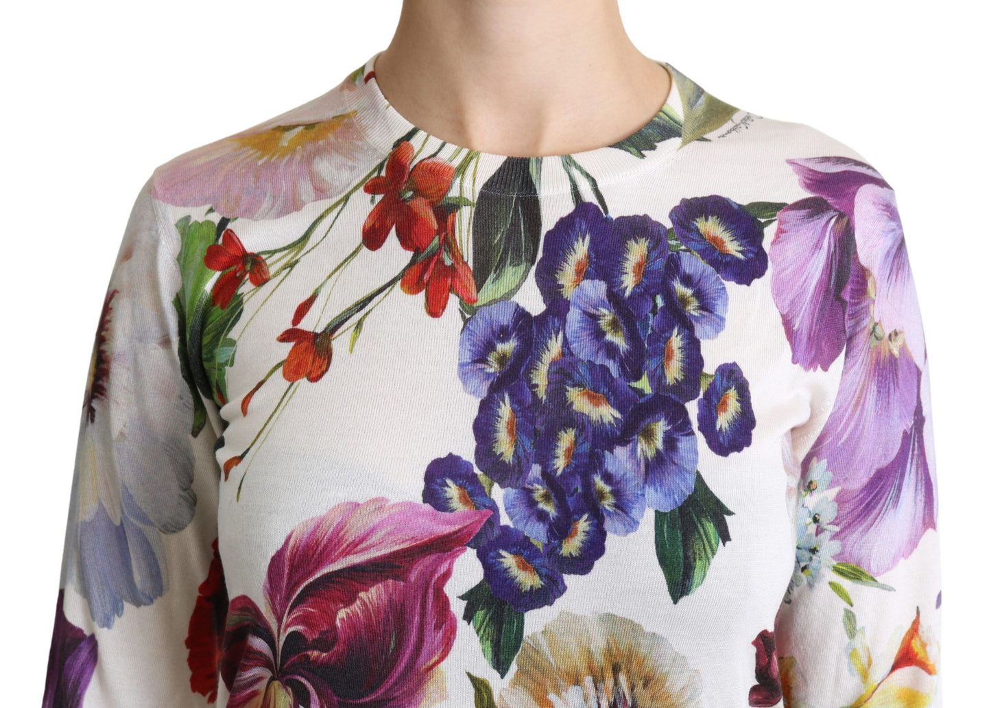 Floral Silk Crew Neck Long Sleeve Sweater