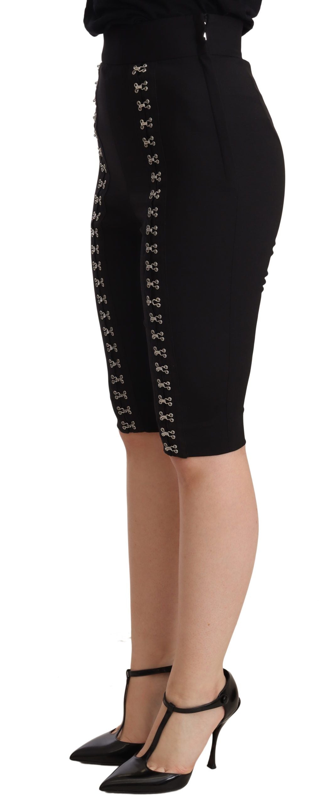 Black Wool Stretch Slim Fit High Waist Shorts