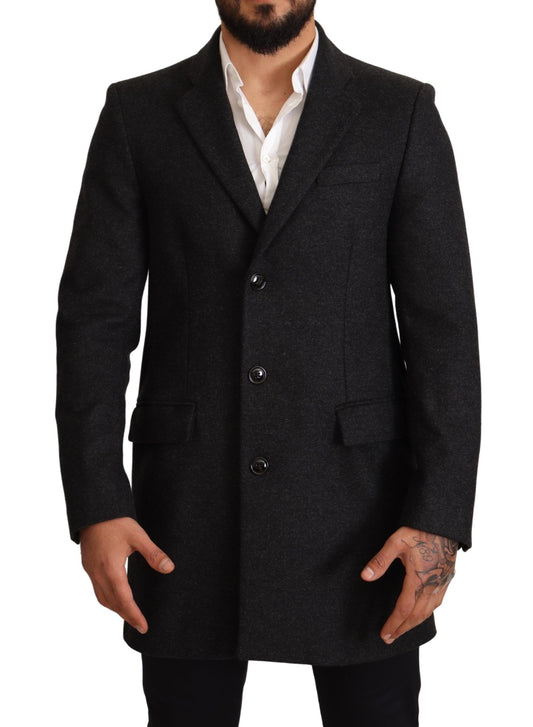 Elegant Gray Virgin Wool Trenchcoat