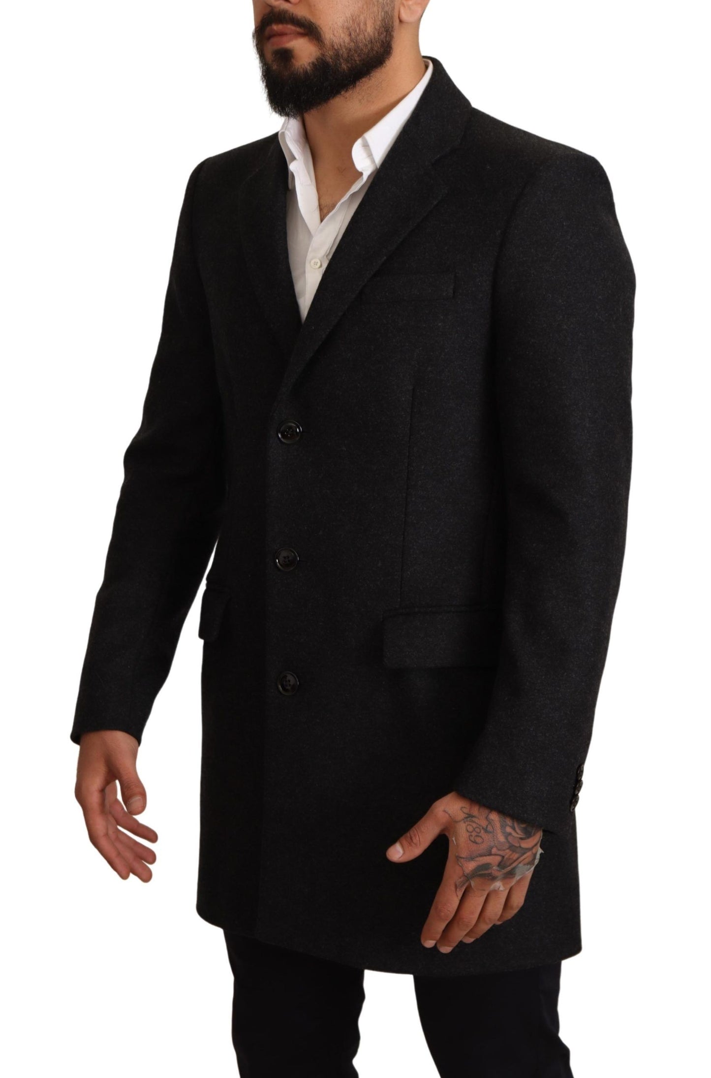 Elegant Gray Virgin Wool Trenchcoat