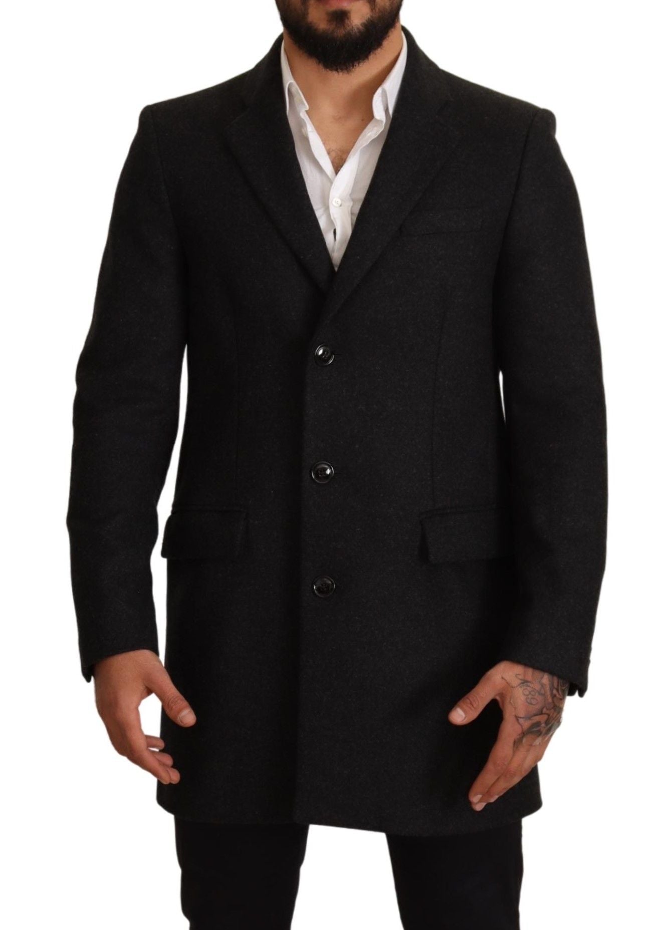 Elegant Gray Virgin Wool Trenchcoat