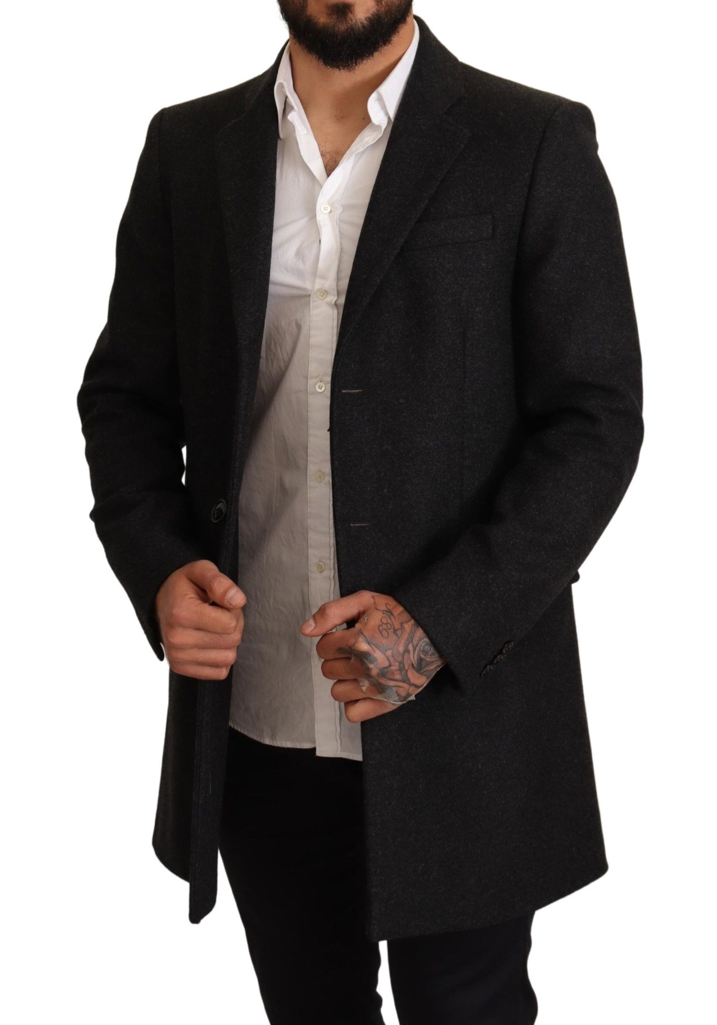 Elegant Gray Virgin Wool Trenchcoat