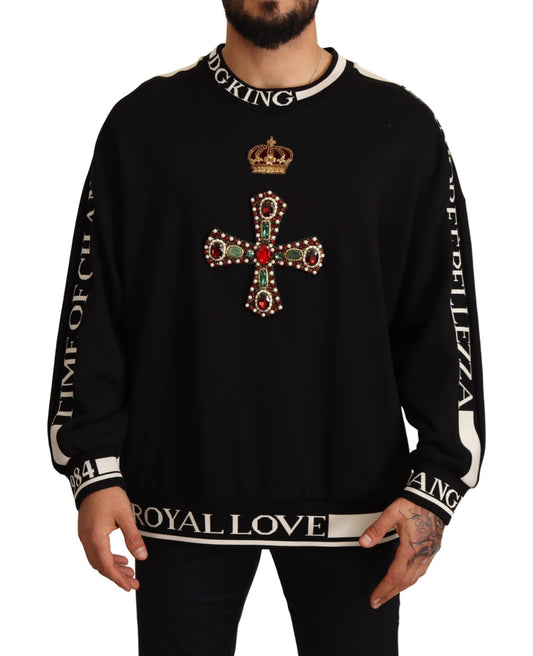 Embroidered Crown & Cross Black Sweater