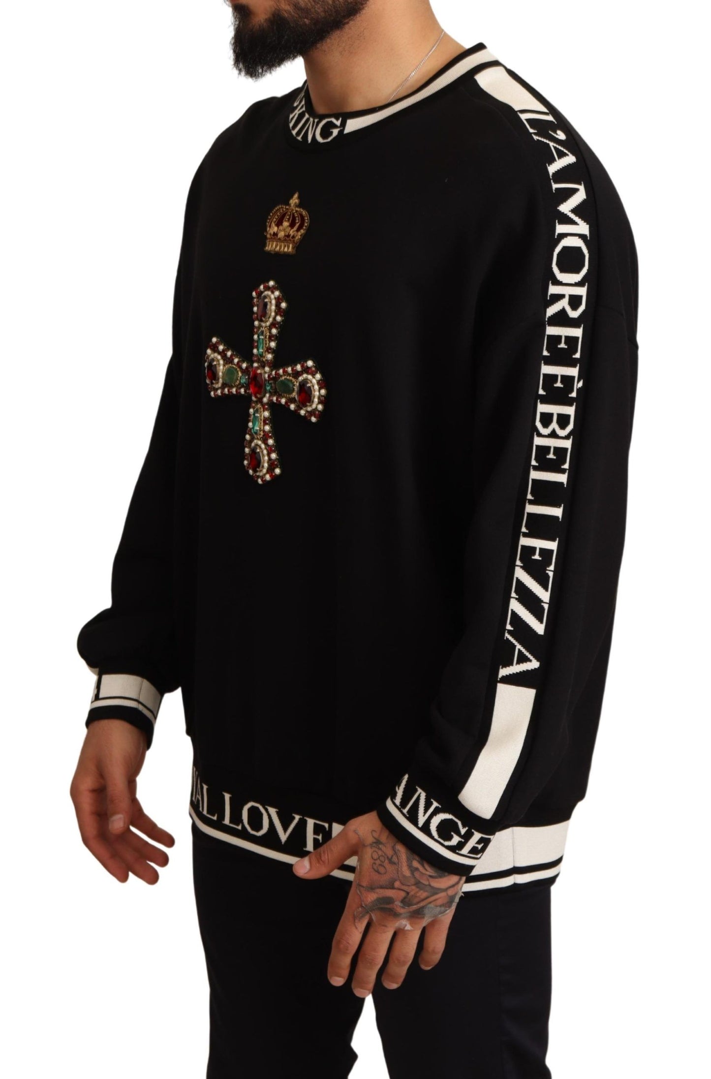 Embroidered Crown & Cross Black Sweater