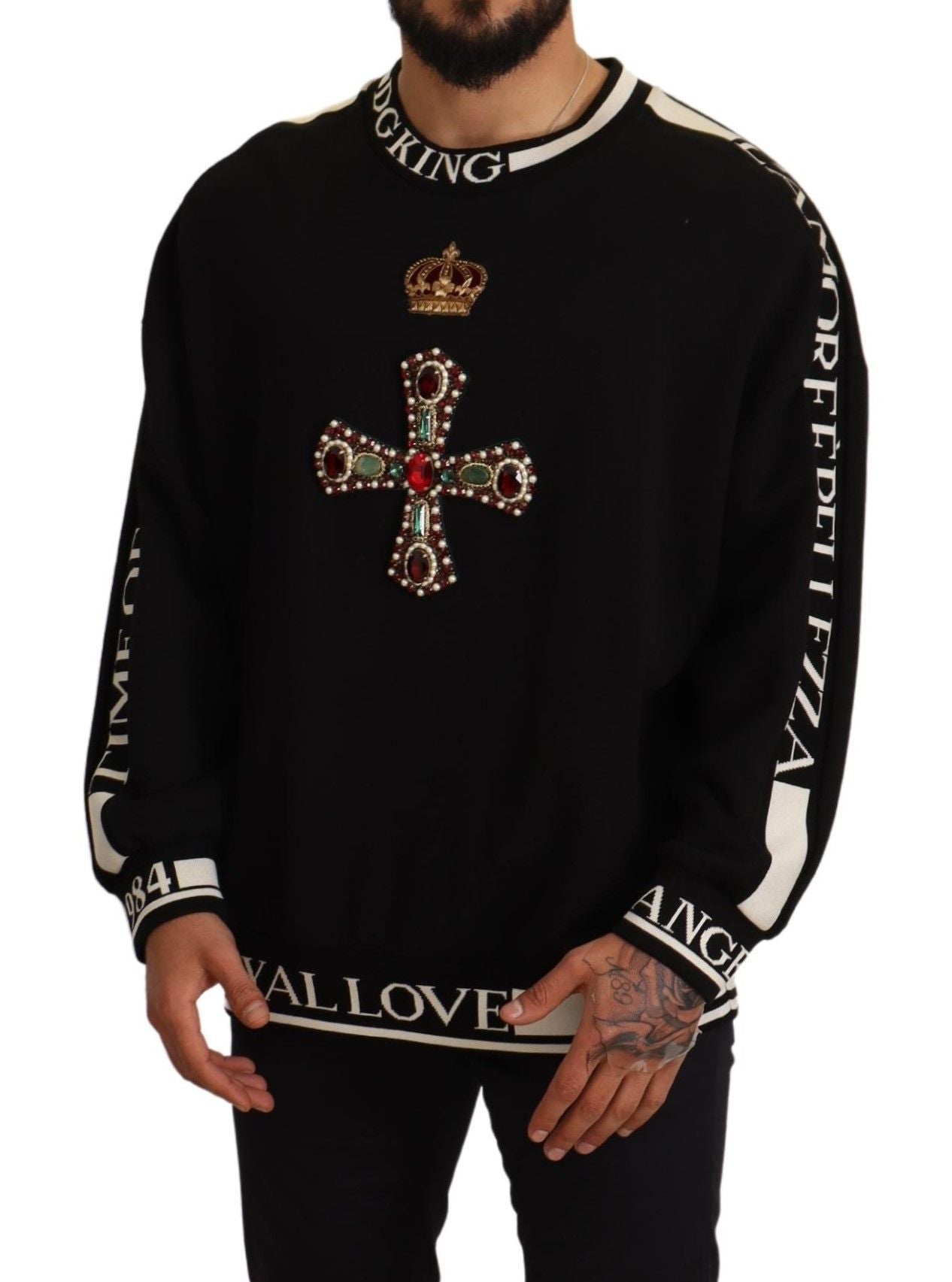 Embroidered Crown & Cross Black Sweater