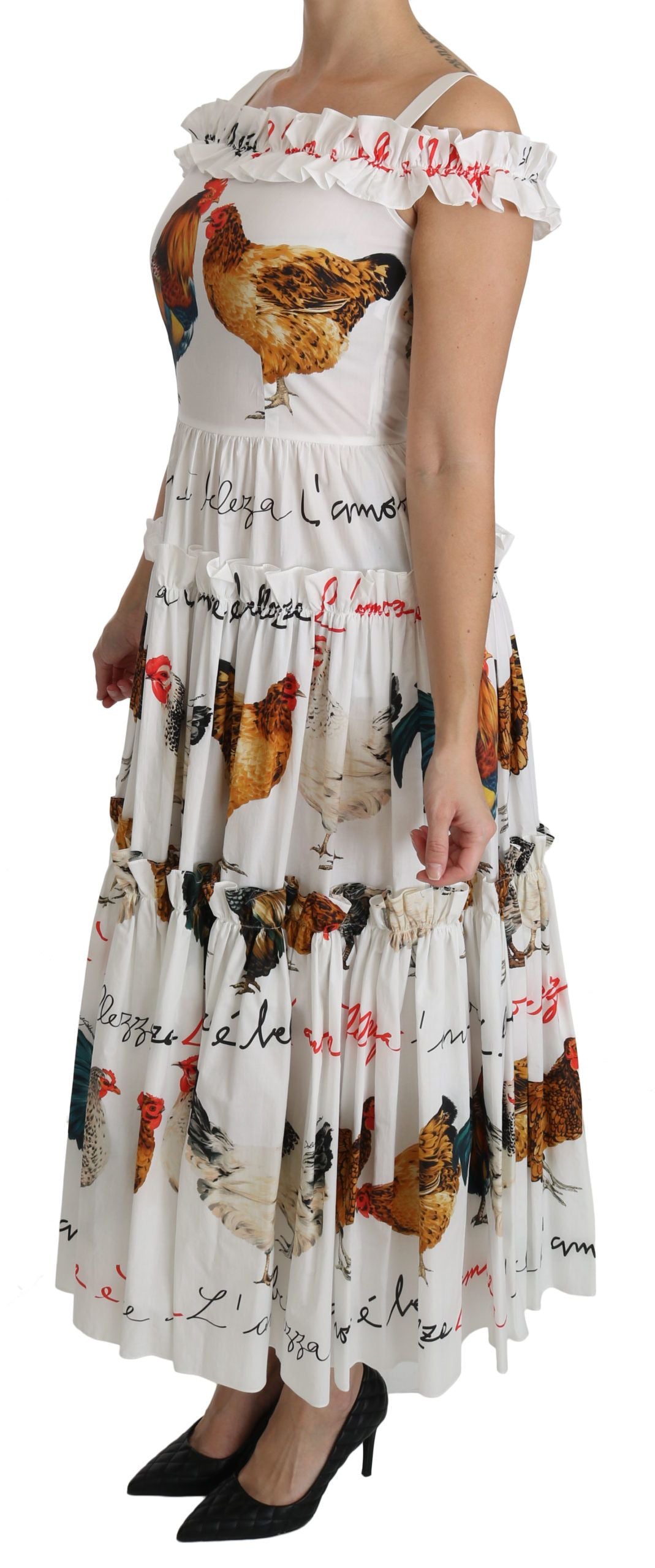 White Rooster Sheath Midi Cotton Dress